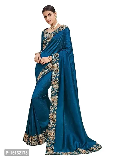 Visena fab Blue Women's Silk Embroidery Work Saree with Blouse Piece