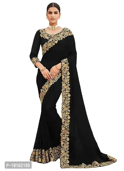 Visena fab Black Women's Silk Embroidery Work Saree with Blouse Piece