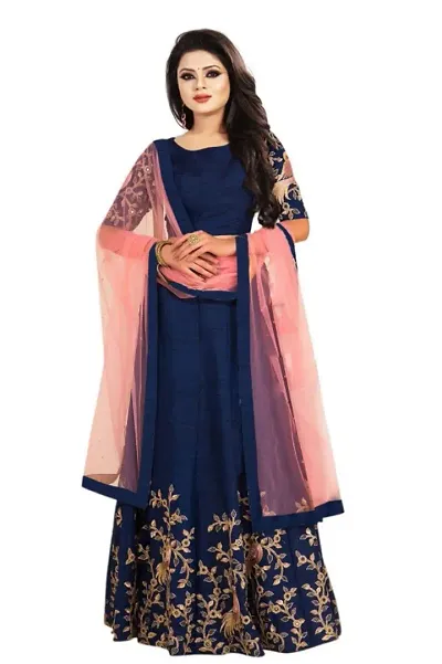 Visena Fab Women's Silk Embroidery Lehenga Choli with Blouse Piece (Free Size, Blue)