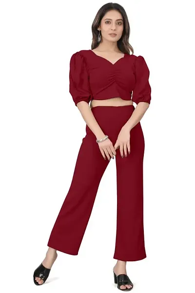 NANDINI FAB Women's Two Piece Top and plazzo set Short Jumpsuit Dress In Solid Colours (Maroon, S)