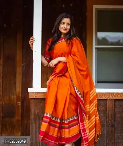 Stylish Orange Cotton Saree With Blouse Piece For Women-thumb0