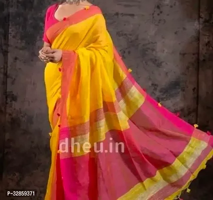 Stylish Yellow Cotton Saree With Blouse Piece For Women-thumb0