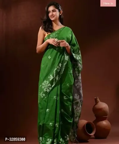 Stylish Green Cotton Saree With Blouse Piece For Women-thumb0