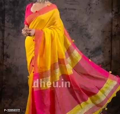 Stylish Yellow Cotton Saree With Blouse Piece For Women-thumb0