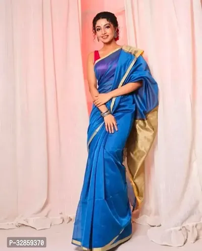 Stylish Blue Cotton Saree With Blouse Piece For Women-thumb0