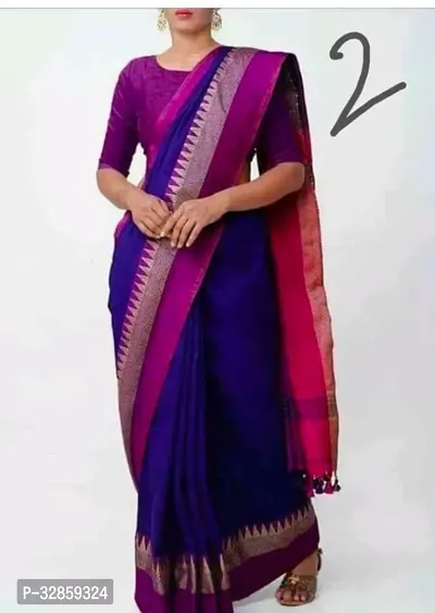 Stylish Blue Cotton Saree With Blouse Piece For Women-thumb0