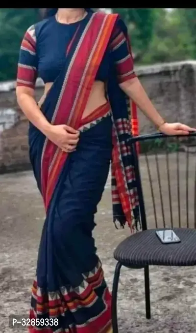 Stylish Navy Blue Cotton Saree With Blouse Piece For Women-thumb0