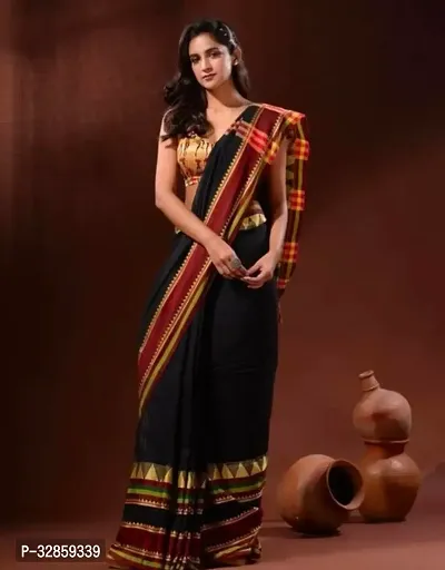 Stylish Black Cotton Saree With Blouse Piece For Women-thumb0