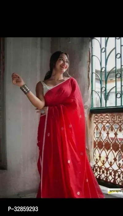 Stylish Red Cotton Saree With Blouse Piece For Women-thumb0