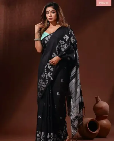 BARNALI SAREE HOUSE Women's Handloom Soft Comfortable Breathable Saree With Unstitched Blouse (Black)