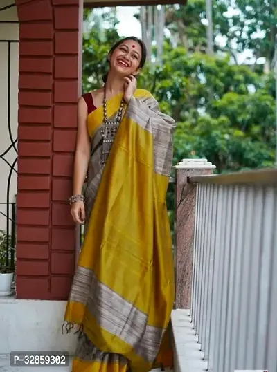 Stylish Yellow Cotton Saree With Blouse Piece For Women-thumb0