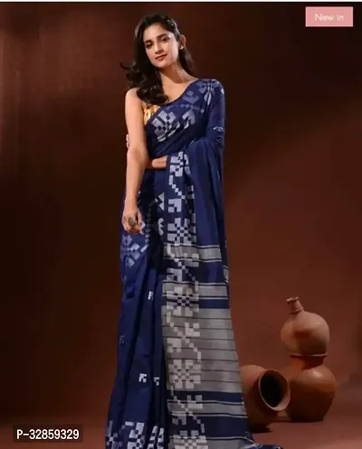 Stylish Navy Blue Cotton Saree With Blouse Piece For Women-thumb0