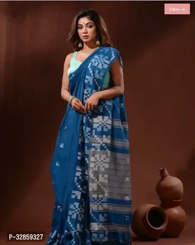 Stylish Blue Cotton Saree With Blouse Piece For Women-thumb0