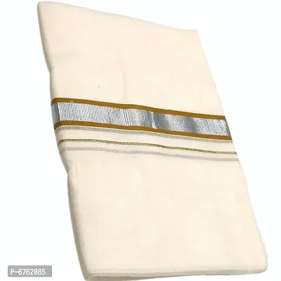 MAT Brand Mens Fashion Ethnic Wear Cotton Kasavu Mundu | Kasavu Kattikara Dhoti For Men with Silver Zari Kottar Design  - 4.00 Meters-thumb0