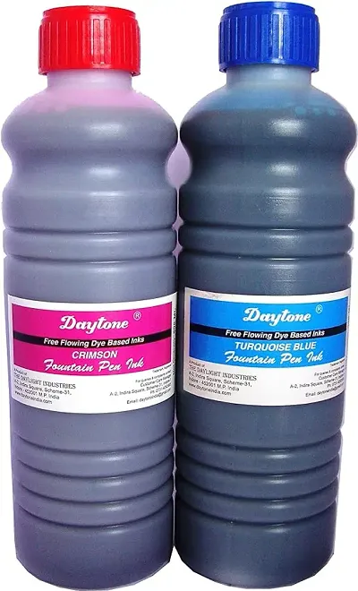 Daytone Fountain Pen Ink 500 Ml. Turquoise Blue and Crimson Twin Pack