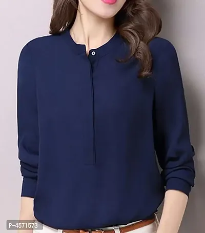 Trendy Navy Blue Crepe Solid Tops For Women