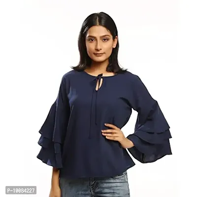 Rimsha Wear Party Layered Sleeve Solid Women Blue Top (Small)