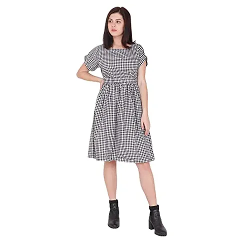 Rimsha Wear Check Boat Neck Dress for Women (X-Small)