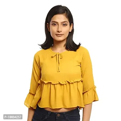 Casual Gathered Sleeve Solid Women Yellow top (X-Large)