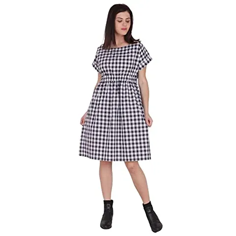 Rimsha Wear Check Boat Neck Dress for Women (X-Small)