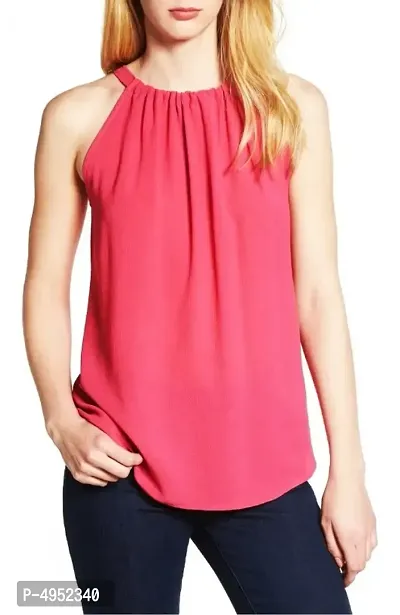 Trendy pink solid tie knot neck women top-thumb0