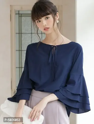 Crepe Solid Blue Blouse Top-thumb0
