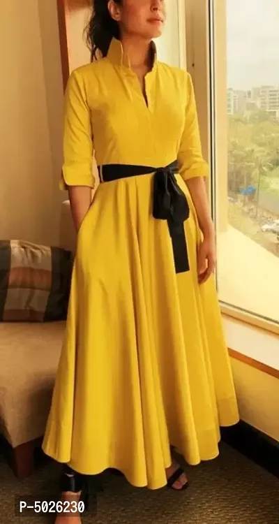 Solid yellow A line collar neck women dress-thumb0