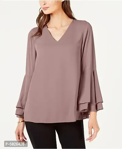 Women Solid Purple Bell Sleeve V Neck Top-thumb0