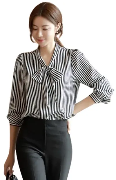 Trendy stripes tie neck women top