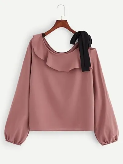 Fancy solid frill necktie up women top