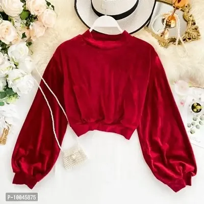 Solid maroon velvet high neck crop sweatshirt-thumb0