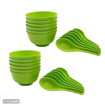 LAZYwindow Green Plastic Round Shape Soup Bowls Pack of 12 with 12 Spoons