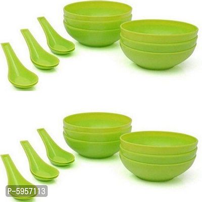 Useful Green Plastic Round Shape Soup Bowls (Pack Of 12 With 12 Spoons)