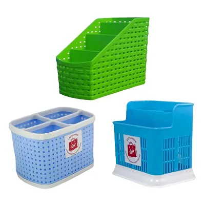 Plastic Compartment Utensils Holder / Desk Organiser for Multipurpose Combo Pack (Multicolor)