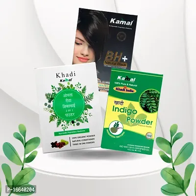 Khadi Kamal Herbal BH+ Black + Indigo Powder + Amla, Reetha, Shikakai (3 in 1 Powder) Hair Color  Hair Care for Man and Women, 100% Natural By LAZYwindow-thumb0