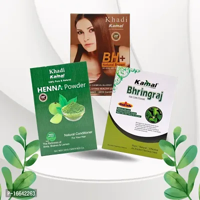 Khadi Kamal Herbal BH+ Brown + Henna Powder + Bhringraj Powder Hair Color  Hair Care for Man and Women, 100% Natural By LAZYwindow-thumb0