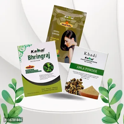 Khadi Kamal Herbal Henna Powder Pouch + Bhringraj Powder + Amla Powder Hair Color  Hair Care for Man and Women, 100% Natural By LAZYwindow