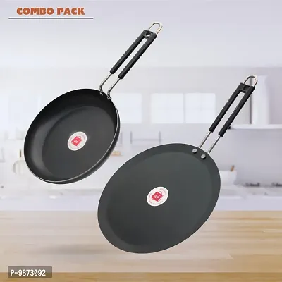 Iron Fry Pan And Tawa with Grip type Handle (Induction base) Combo Pack (Base Black)