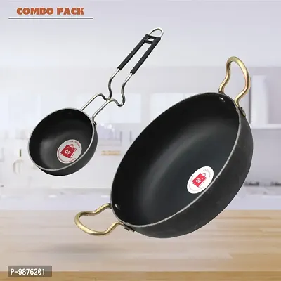 Traditional Iron Tadka Pan with Grip type Handle And Deep Bottom Kadhai Combo Pack (Base Black)-thumb0
