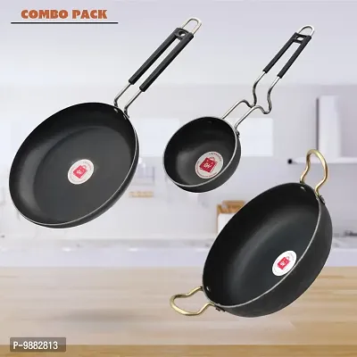 Iron Fry Pan (Induction base) / Tadka Pan And Deep Bottom Kadhai Combo Pack (Base Black)-thumb0