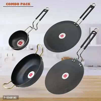 Iron Deep Bottom Kadhai / Tawa (Induction base) And Tadka Pan with Grip type Handle Combo Pack