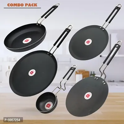 Iron Fry Pan, Tawa (Induction base) And Tadka Pan with Steel Handle Combo Pack (Base Black)