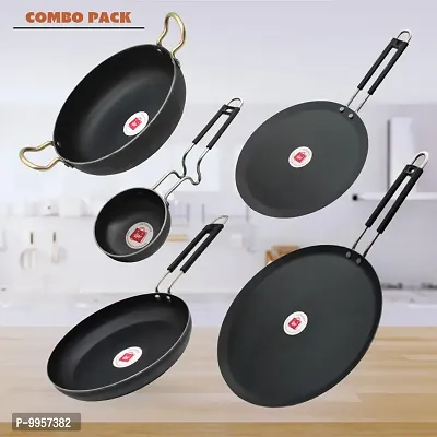 Iron Fry Pan / Tawa (Induction base) / Tadka Pan And Deep Bottom Kadhai Combo Pack (Base Black)