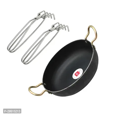 LAZYwindow Traditional Iron Kadhai Deep Bottom Kadhai/Frying Kadhai  Stainless Steel Tong (Pakkad)-thumb0