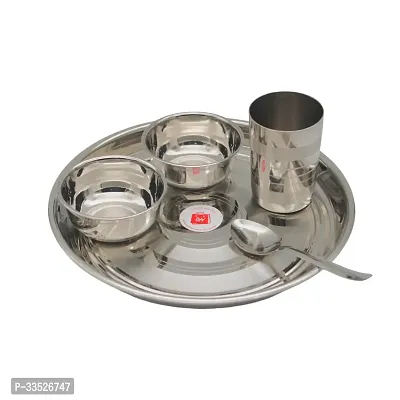 Stainless Steel Dinner Set - Pack of 5 | Includes 1 Thali, 2 Bowls, 1 Glass  1 Spoon-thumb0