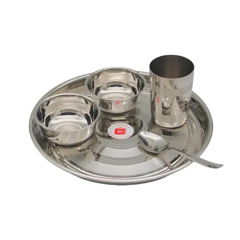 Stainless Steel Dinner Set - Pack of 5 | Includes 1 Thali, 2 Bowls, 1 Glass  1 Spoon