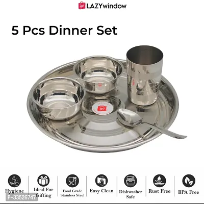 Stainless Steel Dinner Set - Pack of 5 | Includes 1 Thali, 2 Bowls, 1 Glass  1 Spoon-thumb3