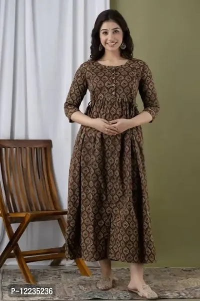 Womens Printed Cotton Maternity Anarkali Kurti Gown for Women-thumb0