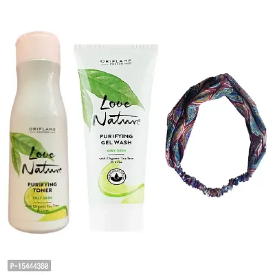 Purifying Toner, Purifying Gel Wash with Organic Tea Tree  Lime and stylish hair/head band (Assorted) Combo