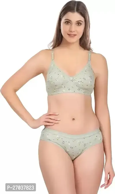 Stylish Green Printed Bra And Panty Set For Women-thumb0